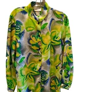 JERICO Shades of Green Button Front Mandarin Collar Shirt Long Sleeve Sz M